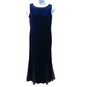 Coldwater Creek Dress Navy Blue Velvet Beaded Mesh Panel Hem Whimsigoth Sz 14P